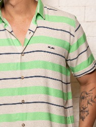 CAMISA MC LINHO BLEND LISTRAS - VERDE C NATURAL