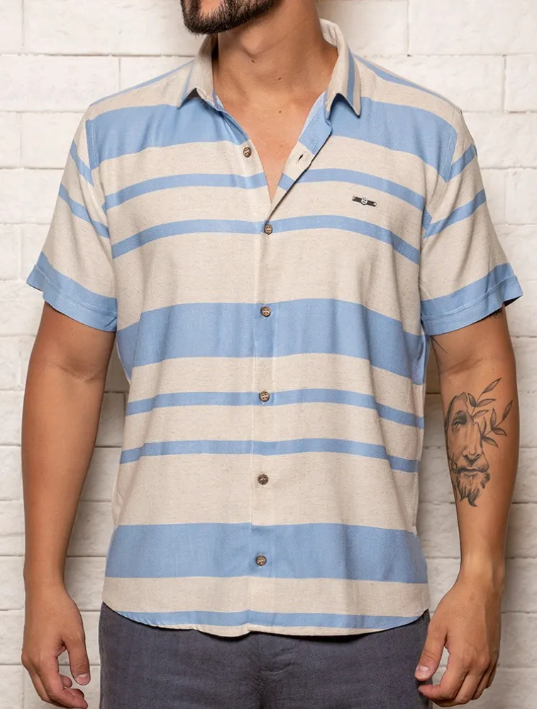 CAMISA MC LINHO BLEND LISTRAS - MESCLA C AZUL