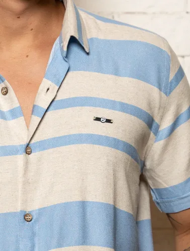 CAMISA MC LINHO BLEND LISTRAS - MESCLA C AZUL