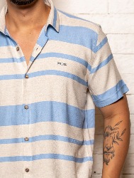 CAMISA MC LINHO BLEND LISTRAS - MESCLA C AZUL